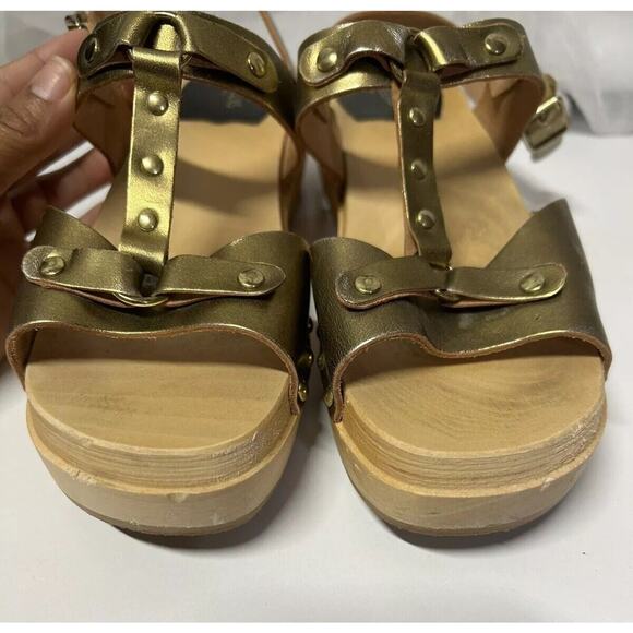 Swedish Hasbeens Rivet Sandal Wedges Leather On Trend Gold EU 39 US Size 8.5 - Picture 4 of 10